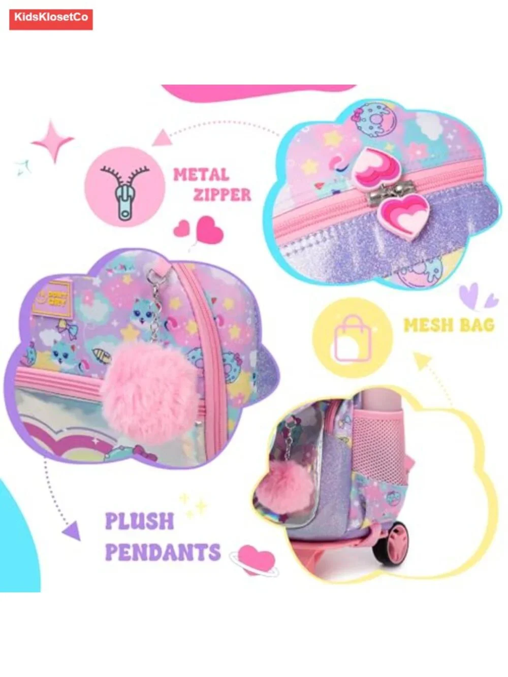 Kids Rolling Backpack with Lunch Box, Wheeled Backpack for School, Polyester
